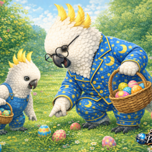 Pasc ARA Aide son petit fils a chercher les œufs de pâques dans le jardin