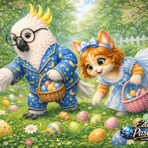 Pasc ARA et Laure CHADOR à la recherche des œufs de pâques dans le jardin